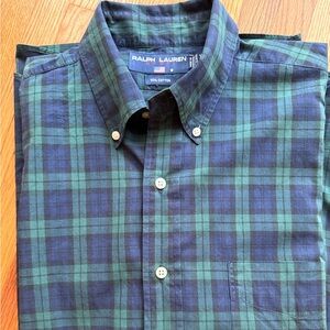 Ralph Lauren Men's Blue and Green Checkered Shirt XL